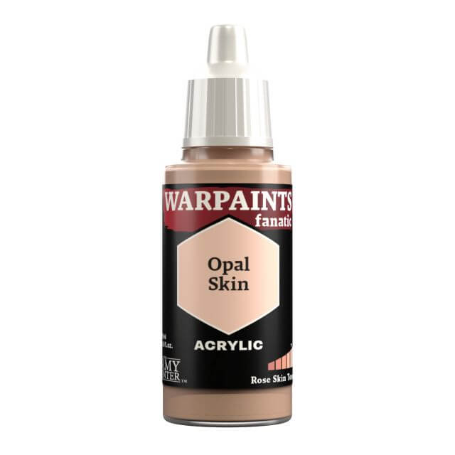 A bottle of Warpaints Fanatic: Opal Skin acrylic paint in a light pink shade, labeled for creating rosy skin tones.