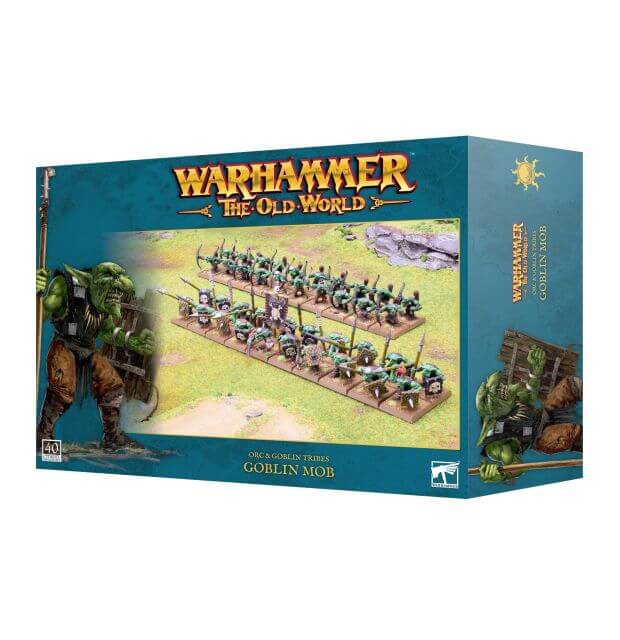 Boxed miniature game kit for Warhammer The Old World Goblin Mob, featuring an image of a goblin army on the front, with the Warhammer logo and 'The Old World' branding.