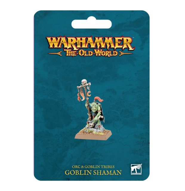 Packaging depicting a painted example of the Warhammer the Old World Orc & Goblin Tribes Goblin Shaman.