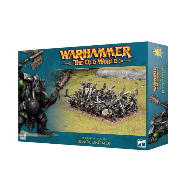 Warhammer the Old World packaging for the Orc & Goblin Tribes Black Orc Mob that depicts painted examples of the models within the box.