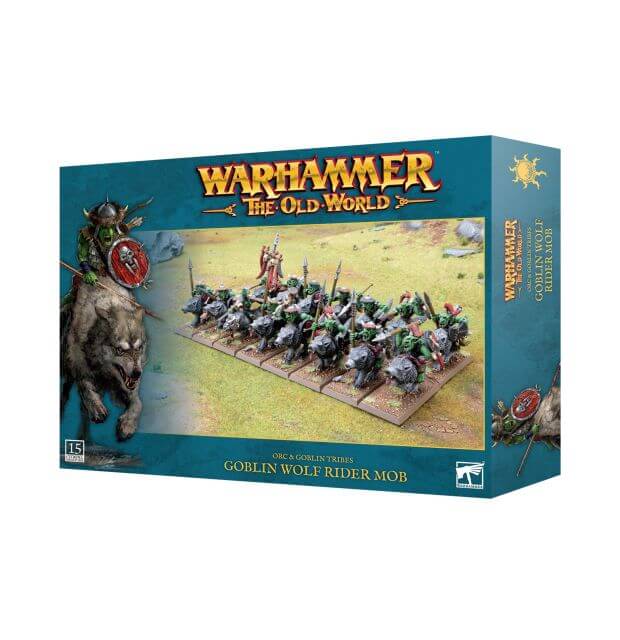 Warhammer the Old World packaging for the Orc & Goblin Tribes Goblin Wolf Rider Mob that depicts painted examples of the models within the box.