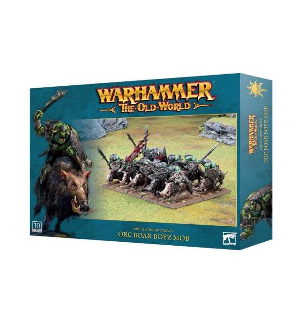 Warhammer the Old World packaging for the Orc & Goblin Tribes Orc Boar Boyz Mob that depicts painted examples of the models within the box.