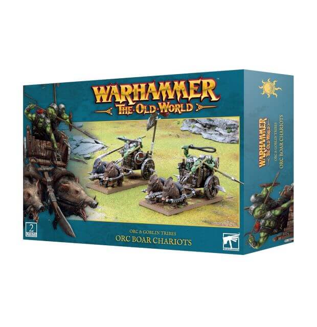 Warhammer the Old World packaging for the Orc & Goblin Tribes Orc Boar Chariots that depicts painted examples of the models within the box.