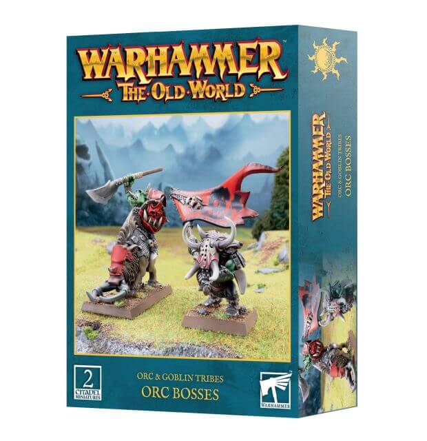 Product image of Warhammer The Old World Orc and Goblin Tribes Orc Bosses miniature figures, showing the box art with two illustrated characters and the contents listed.