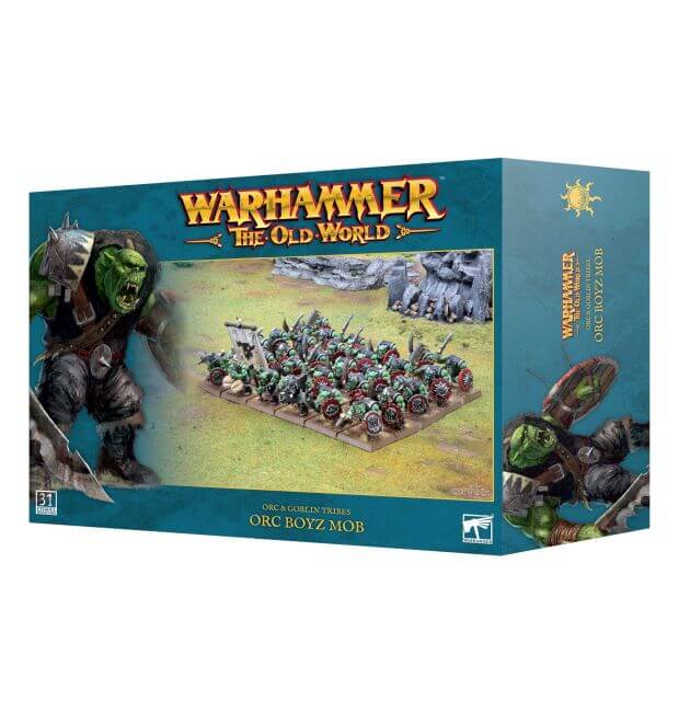 Packaging for Warhammer Orc and Goblin Tribes Orc Boyz Mob game, featuring an image of an Orc warrior with a shield and multiple weapon options.