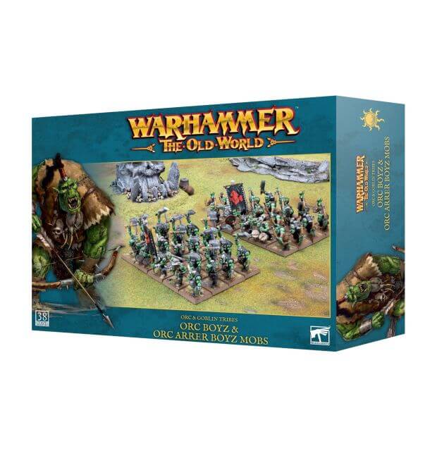 Warhammer the Old World packaging for the Orc & Goblin Tribes Orc Boyz & Orc Arrer Boyz Mobs that depicts painted examples of the models within the box.