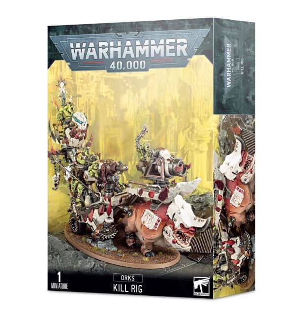 Packaging for Warhammer 40,000 Ork Kill Rig miniature set featuring Ork characters and a rig structure on the box art.