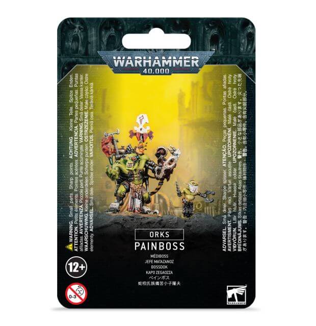 Packaging for Warhammer 40,000 Ork Painboss miniature set, featuring the miniatures unpainted and assembled, with yellow and black painting highlights.