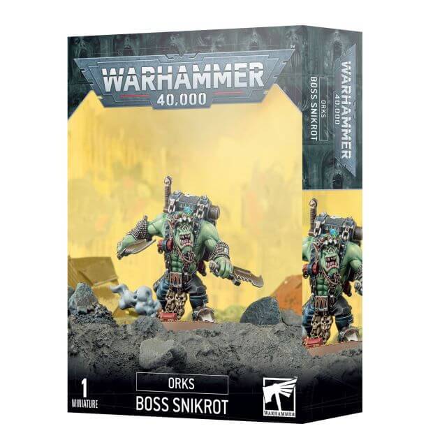 Product packaging for Warhammer 40,000 Ork Boss Snikrot miniature, featuring the assembled and painted figure on the box art.