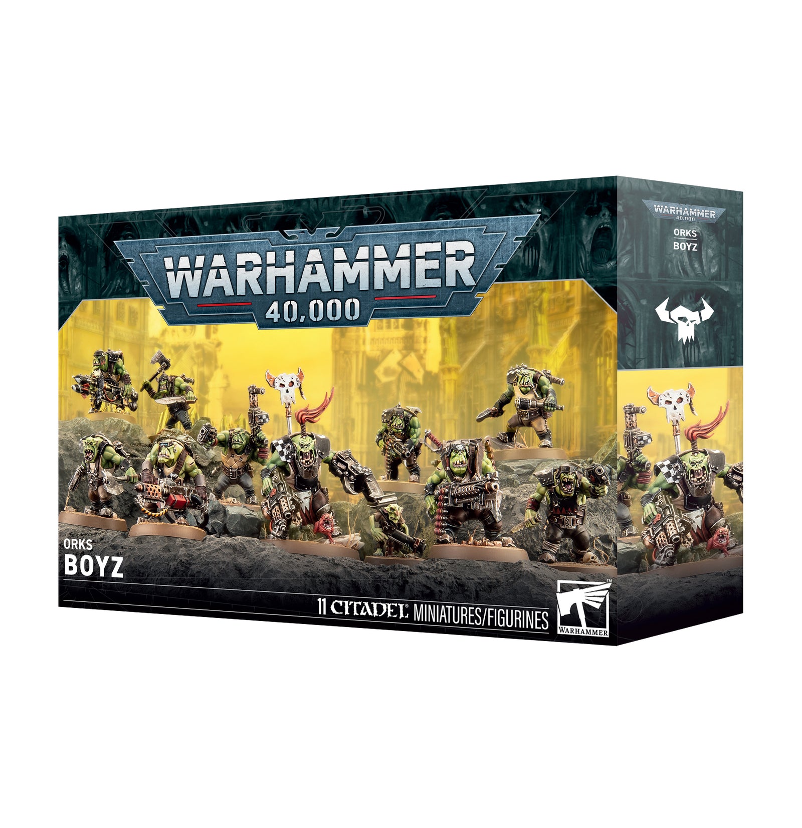 Warhammer 40,000 Kings Boyz II Citadel Miniatures Figures box set, featuring a detailed product packaging illustration of various green-skinned miniature warriors on a black and yellow background.