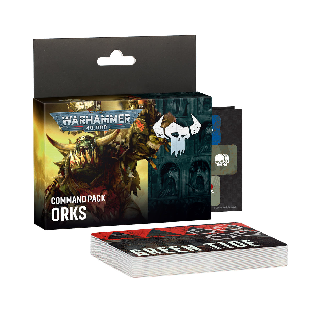 Warhammer 40,000 Command Pack Orks retail box with a stack of cards in front on a plain white background.