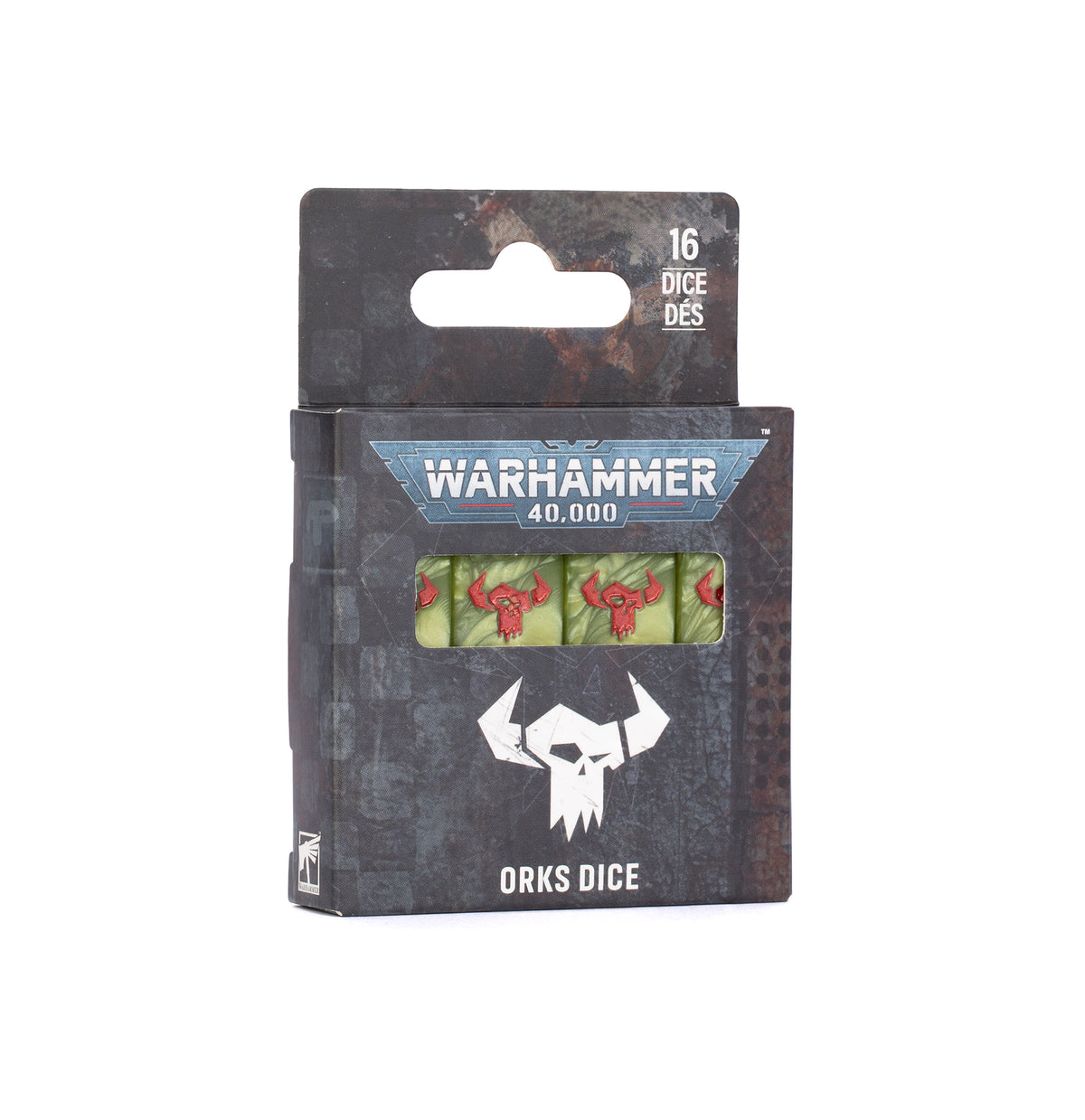 Warhammer 40,000 Orks Dice in retail packaging, showing a set of 16 green dice with red Ork faces visible through a clear window on the box.
