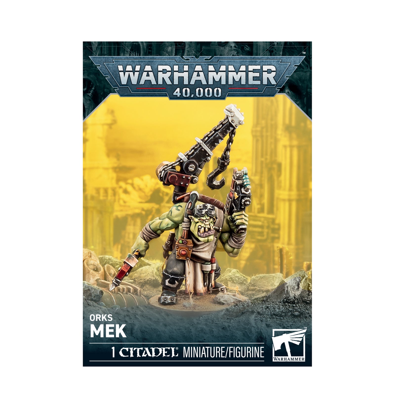 Warhammer 40,000 Orks Mek miniature figurine box art, showing the painted ork character with a large crane weapon and a battle axe, on a dark illustrated background with the Warhammer 40,000 branding and Games Workshop logo.