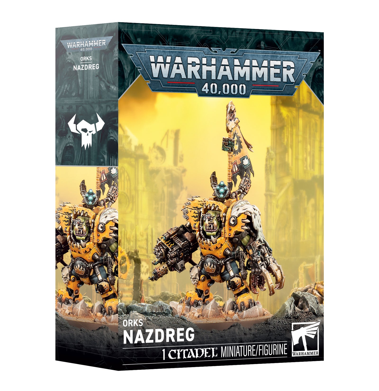 Warhammer 40,000 Orks Nazdreg miniature figurine box set, featuring a detailed sci-fi box design with illustrations of the orange and black armored ork figure against a yellow battlefield background.