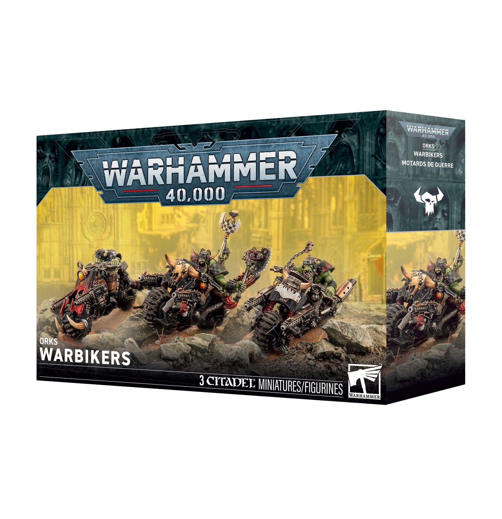 Warhammer 40,000 Orks Warbikers box set, featuring three sci-fi motorcycle miniatures on the front of the packaging.