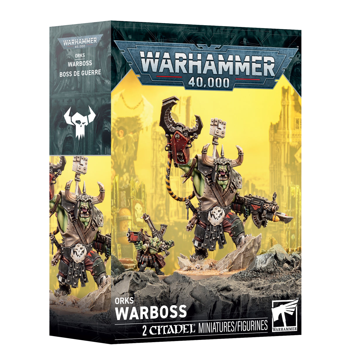 Warhammer 40,000 Orks Warboss miniature figure box by Games Workshop, featuring illustrated artwork of an ork warboss with a large battle axe and smaller figures on the front and spine.