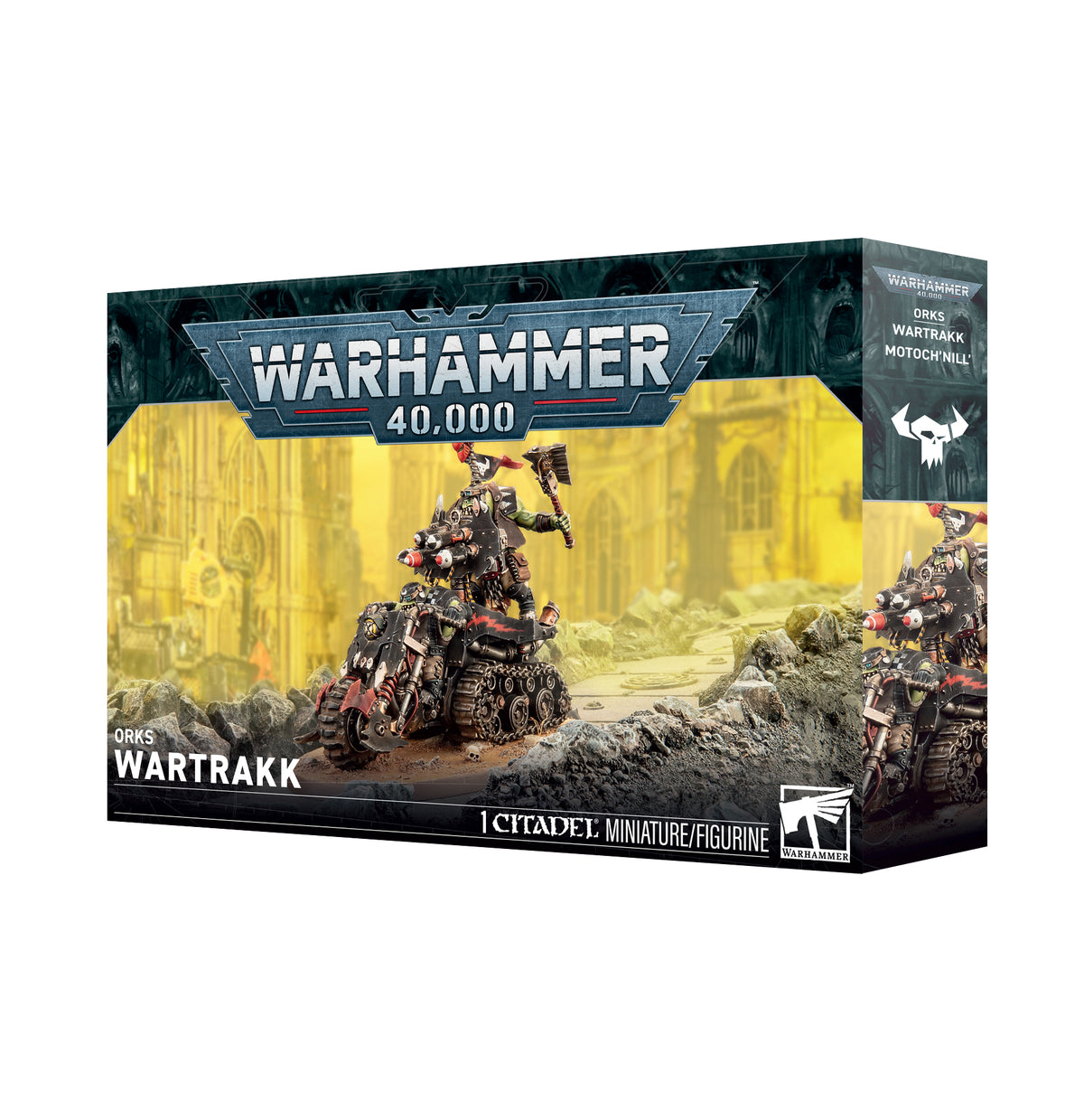 Warhammer 40,000 Lord Wartrakk miniature figurine box, featuring a sci-fi armored vehicle and soldier illustration on a dark box with yellow and black design elements.