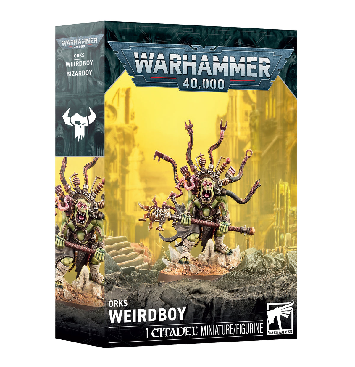 Warhammer 40,000 Orks Weirdboy miniature figure box by Games Workshop, showing the retail packaging with illustrated Ork Weirdboy figures and the Warhammer 40,000 branding.