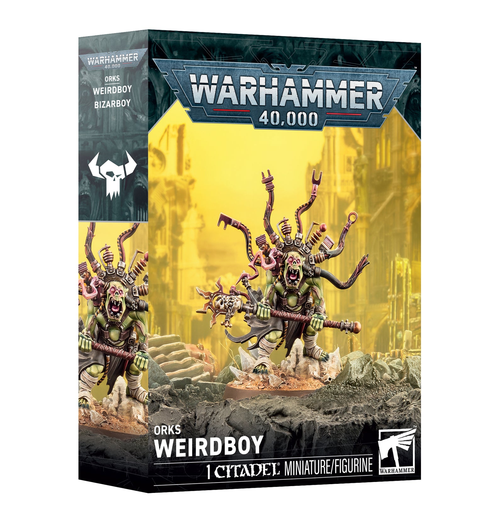 Warhammer 40,000 Orks Weirdboy miniature figure box by Games Workshop, showing the retail packaging with illustrated Ork Weirdboy figures and the Warhammer 40,000 branding.