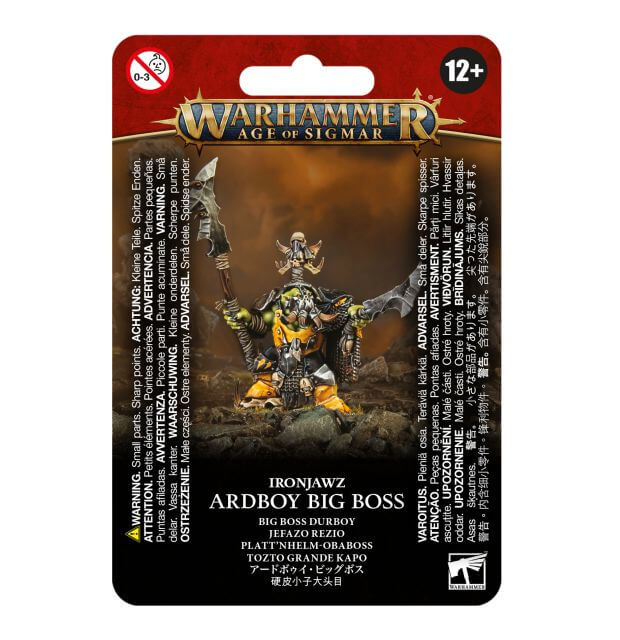 Packaging for Warhammer Age of Sigmar game featuring an illustration of an Ardboy Big Boss, a plastic miniature kit.