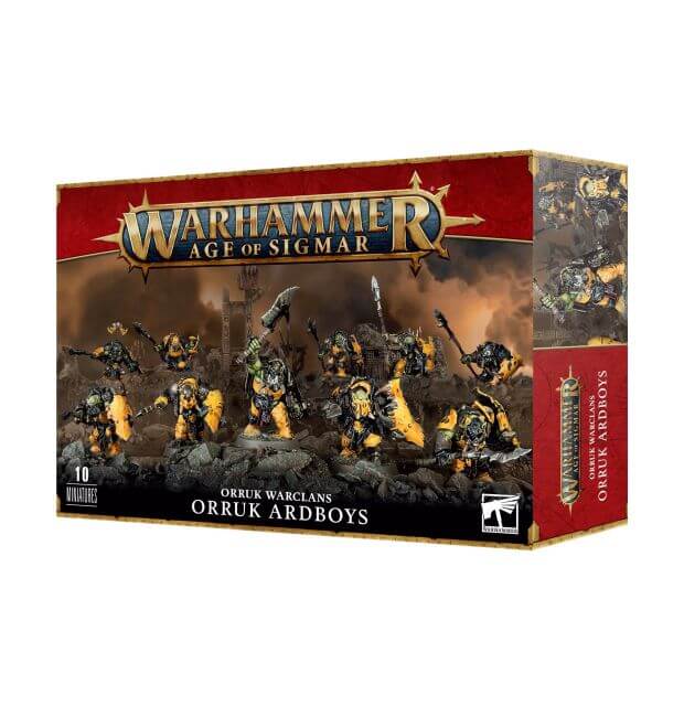Product packaging for 'Orruk Warclans Orruk Ardboys' featuring illustrations of fantasy ork warriors equipped for battle, with a focus on their shields and weapons.