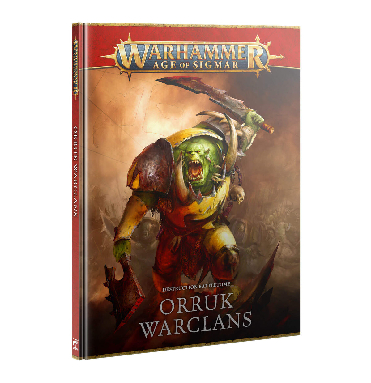 Cover of the 'Orruk Warclans Battletome 2025' book, featuring an illustration of a warband from the Warhammer Age of Sigmar, with one member in focus displaying green skin and ornate armor.