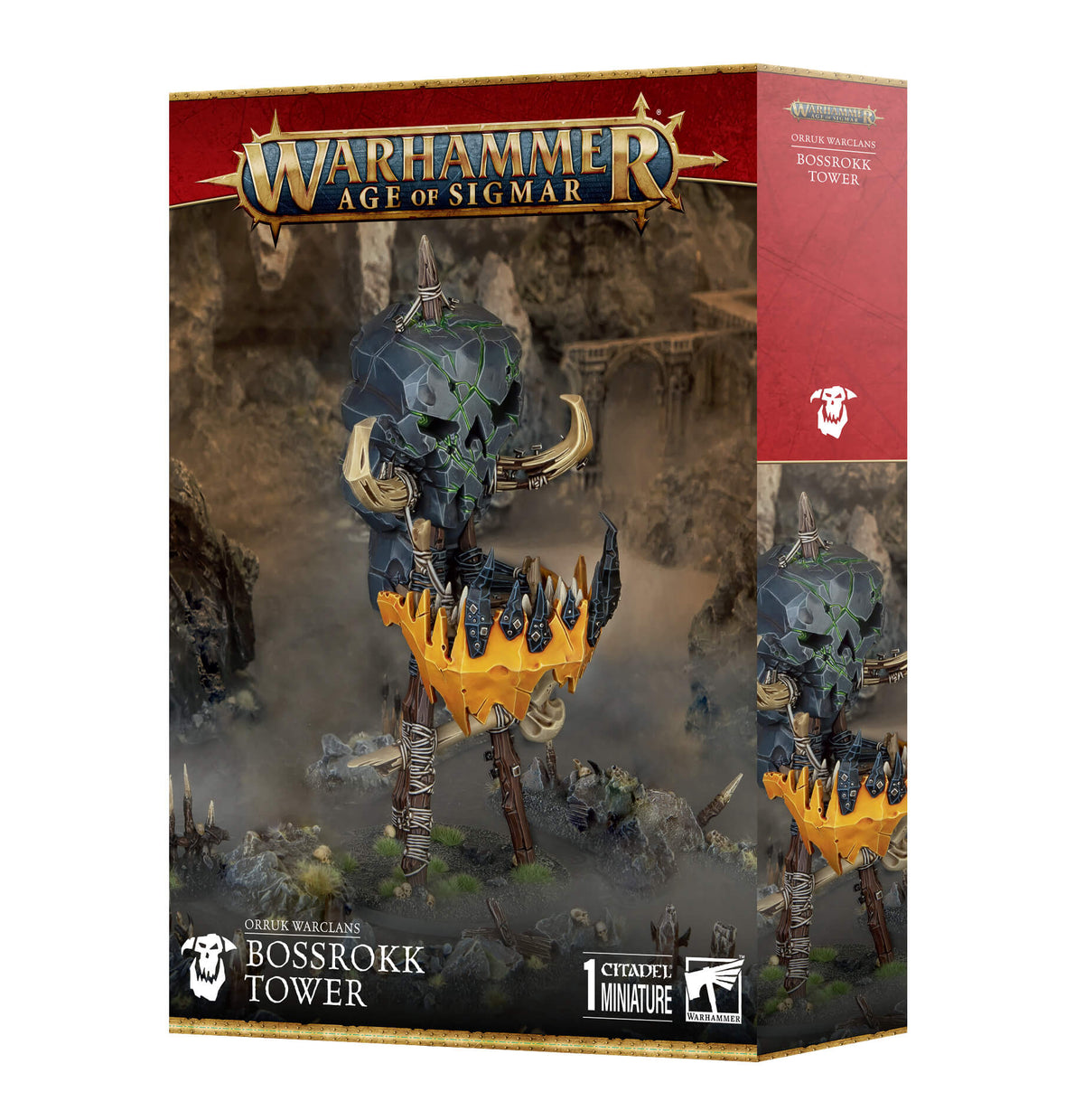 Packaging for Warhammer Age of Sigmar game featuring a Bossrokk Tower terrain piece with ork warriors.