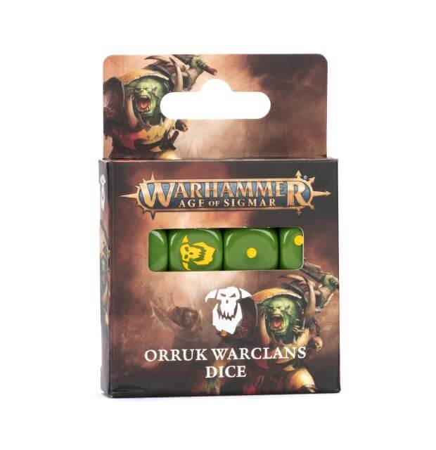 Packaging for Orruk Warclans dice set, featuring Warhammer Age of Sigmar branding and illustrations of ogre warriors.