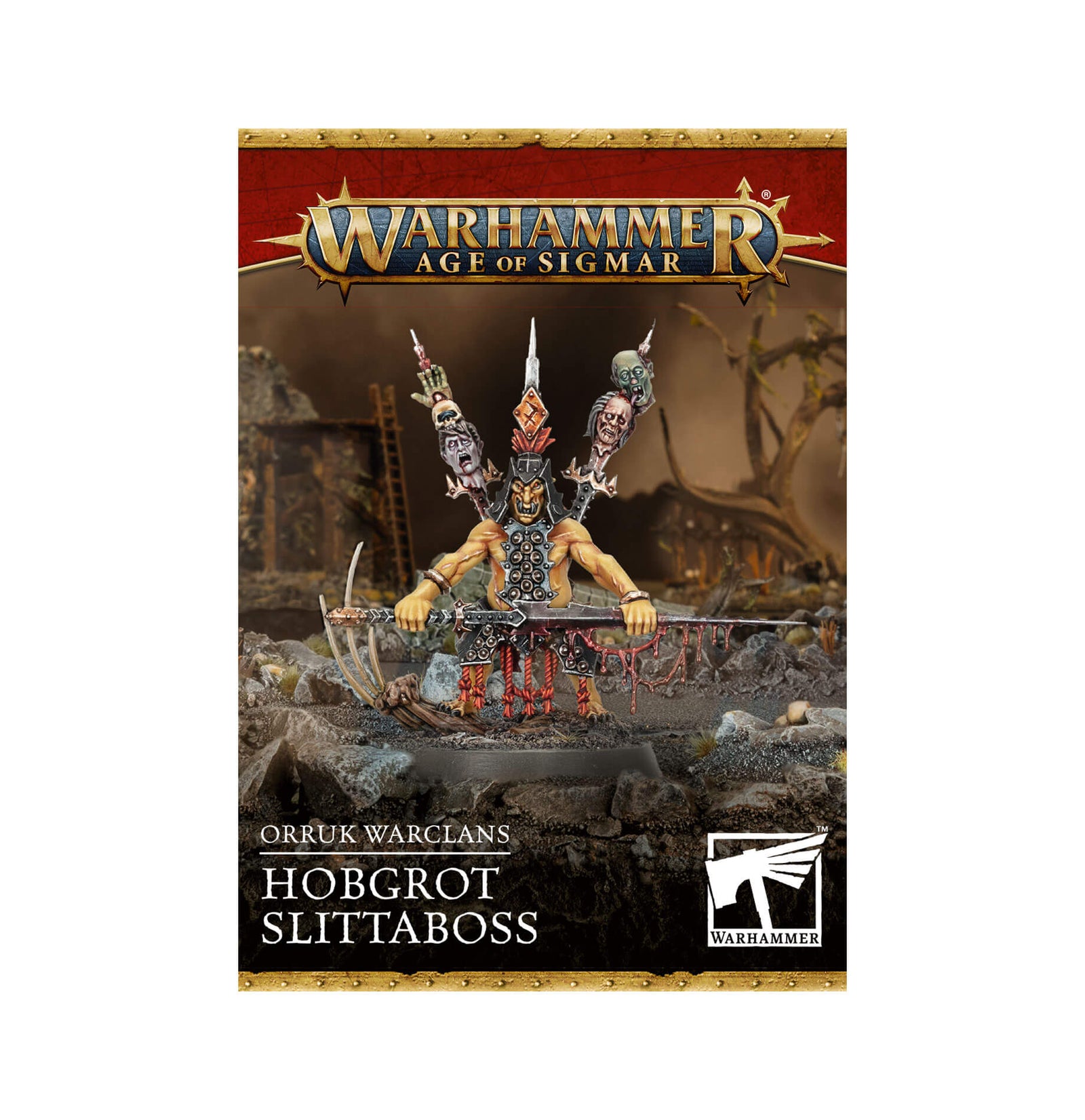 Product image of a Warhammer Age of Sigmar game miniature, the Orruk Warclans Hobgrot Slittaboss, featuring a goblin leader with a helmet and standards, seated on a throne-like chair.