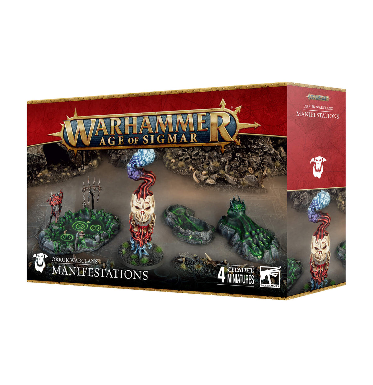 Product packaging for 'Orruk Warclans Manifestations' featuring various miniature figures and bases for the Warhammer Age of Sigmar game.