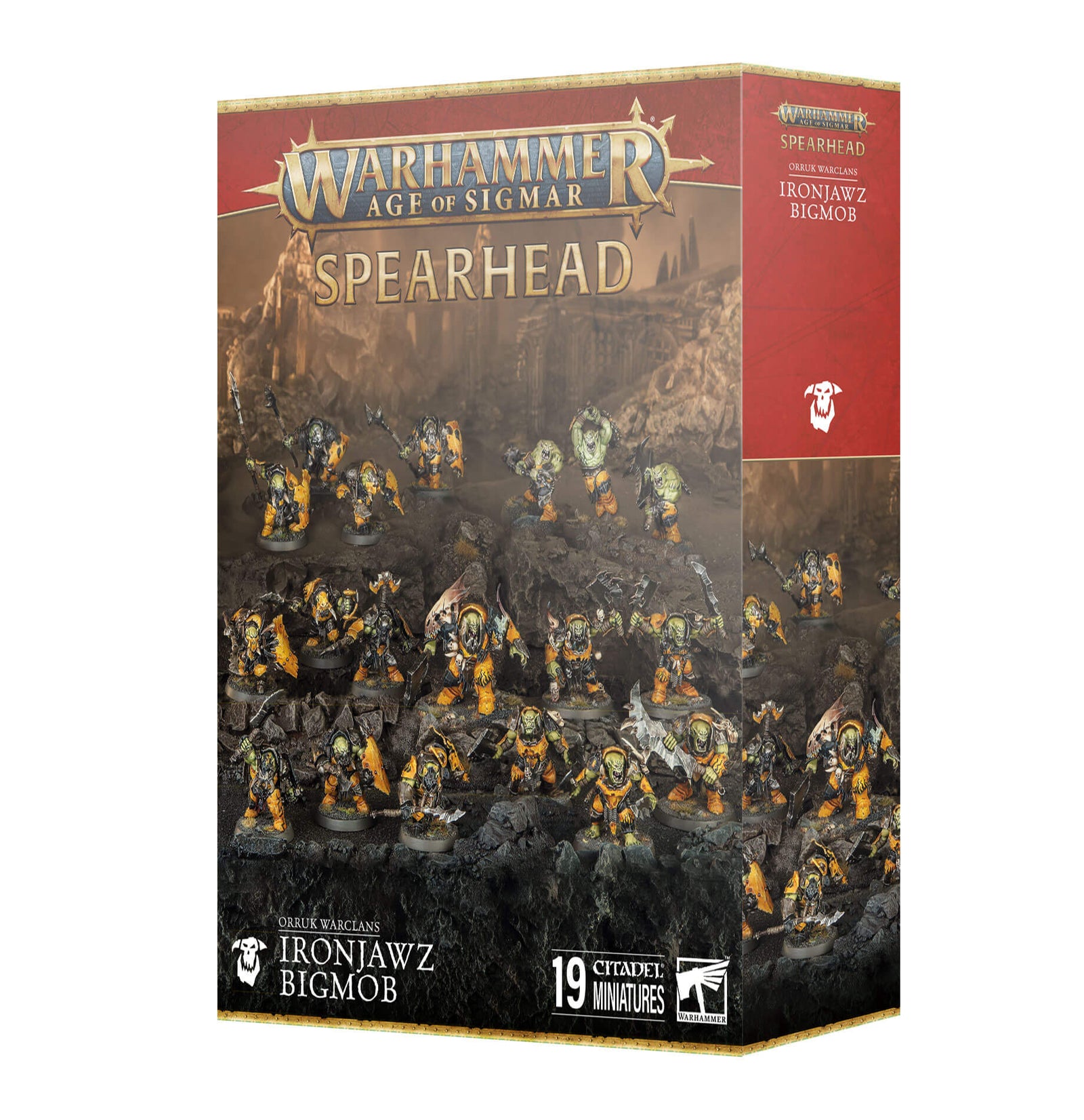 Box of Warhammer Age of Sigmar miniatures depicting an Orruk Warclans Spearhead force. The miniatures are not yet painted and the box is labeled with 'Ironjawz Bigmob'.