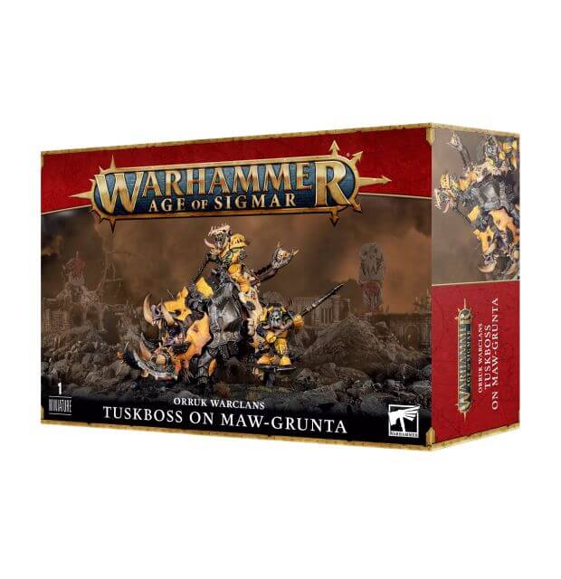Product packaging for 'Warhammer Age of Sigmar: Orruk Warclans Tuskboss on Maw-grunta', featuring an illustration of a pig-like creature with tusks, wearing armor, and carrying a weapon.