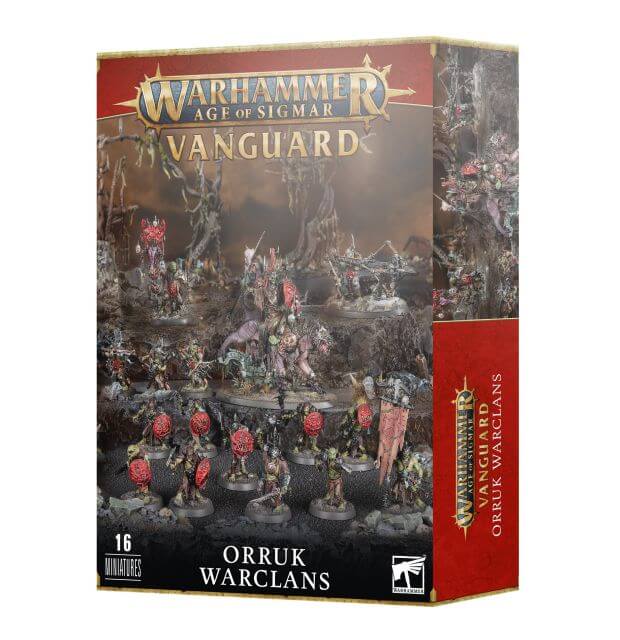 Box packaging for Warhammer Age of Sigmar Vanguard game featuring Orruk Warclans. The box is predominantly red and features images of the miniatures and a battle scene.