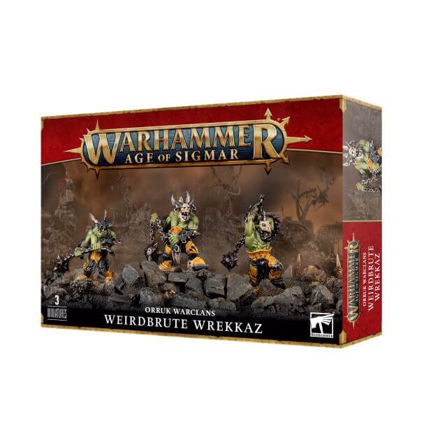 Product packaging for Warhammer Age of Sigmar game featuring illustrations of orruks, which are human-like creatures wearing bone and iron masks, preparing for battle.