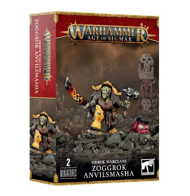 Product packaging for 'Orruk Warclans Zoggrok Anvilsmasha' featuring two miniature figures of an orruk with a hammer and a pet squig, set against a backdrop of a battle scene.