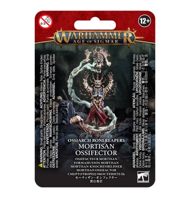 Packaging for the Warhammer Age of Sigmar Ossiarch Bonereapers Mortisan Ossifector miniature, featuring the character in a combat pose with bone constructs.
