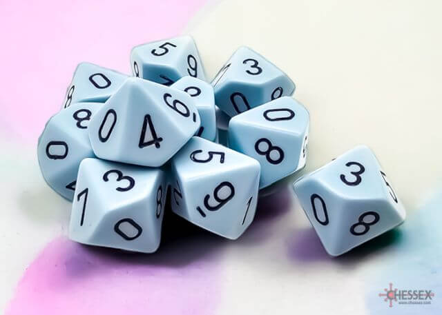 A close of the Chessex pastel blue with black 10 d10 dice set.