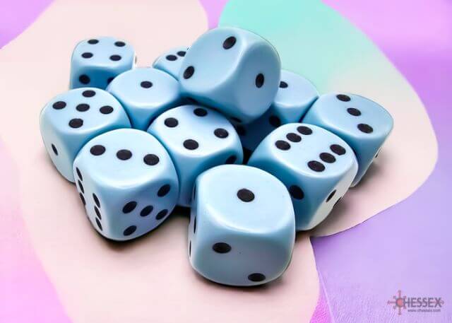 A close of the Chessex pastel blue with black 16mm d6 dice set.