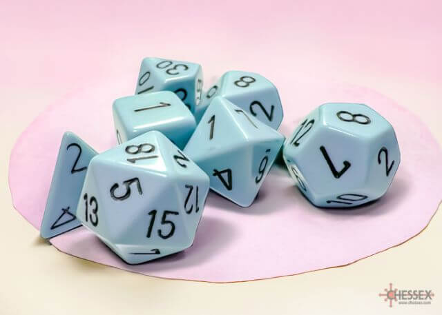 A close of the Chessex pastel blue with black polyhedral dice set.