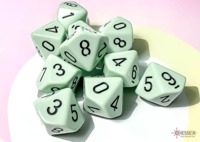 A close of the Chessex pastel green with black 10 d10 dice set.