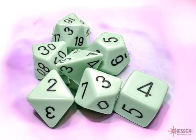 A close of the Chessex pastel green with black polyhedral dice set.
