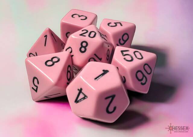 A close of the Chessex pastel pink with black polyhedral dice set.