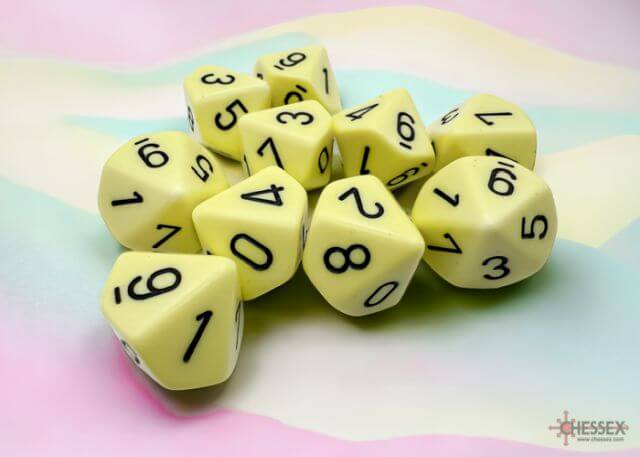 A close of the Chessex pastel yellow with black 10 d10 dice set.