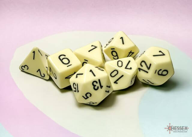 A close of the Chessex pastel yellow with black polyhedral dice set.