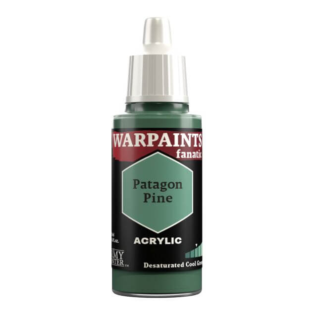 A bottle of Warpaints Fanatic: Patagon Pine acrylic craft paint in a green shade.