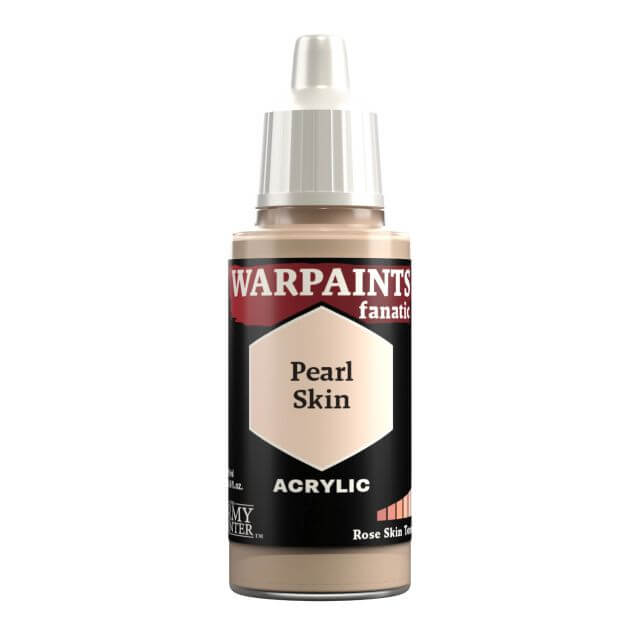 A bottle of Warpaints Fanatic Pearl Skin acrylic paint in a 18ml container, with a label indicating it is a flexible color in a rose skin tones series.