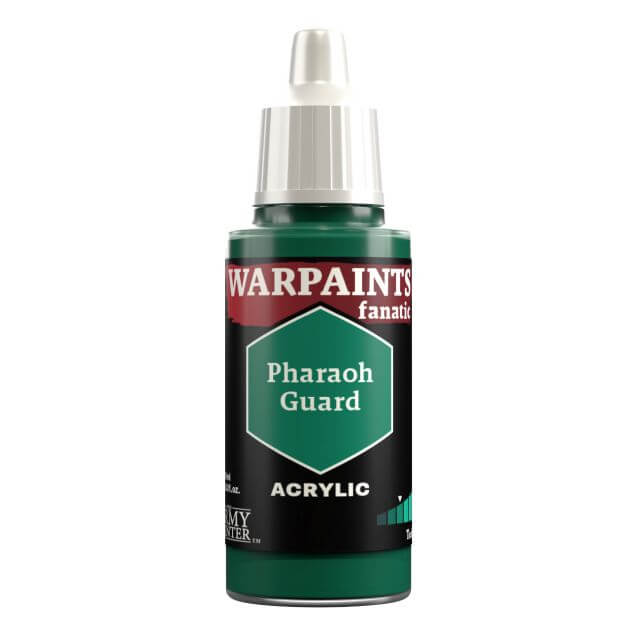 A bottle of Warpaints Fanatic Pharaoh Guard acrylic paint in a true bluish green color.