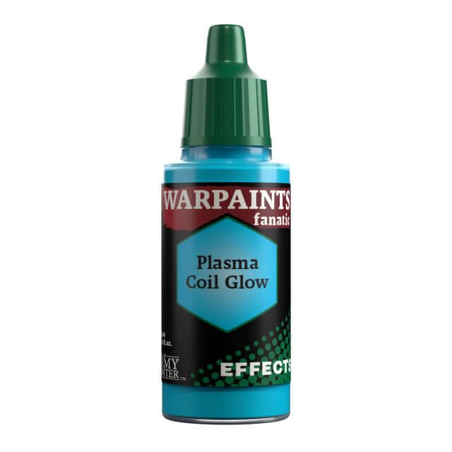 A bottle of Warpaints Fanatic Effects Plasma Coil Glow, a craft paint designed to create a glowing effect on models.