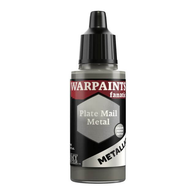 A bottle of Warpaints Fanatic Metallic craft paint in Plate Mail Metal color, with a label showing the brand and product name.