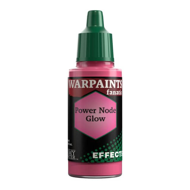 A bottle of Warpaints Fanatic Effects: Power Node Glow craft paint in a pink color, labeled for creating glowing effects on models.